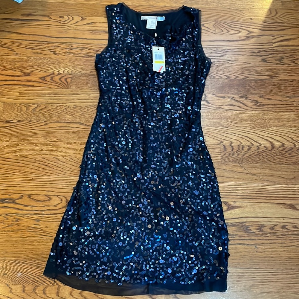 Studio M navy sequined sleeveless shift dress NWT size M